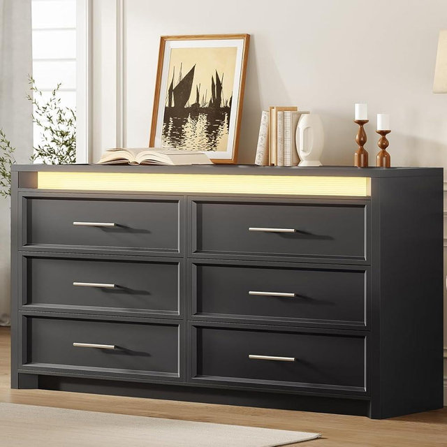 AOGLLATI Black Dresser for Bedroom with 6 Drawer, Dressers& Chests of Drawers, 51.2” Long Wide Wood Mid-Century Modern Dresser with 3 Color Lights for Bedroom, Black