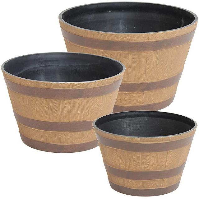 Sunnydaze Resin Rustic Cask Outdoor Planter - Set of 3 - Modern Decorative Indoor/Outdoor 3-Piece 13-Inch, 15-Inch and 17-Inch Diameter Plant Pot Set