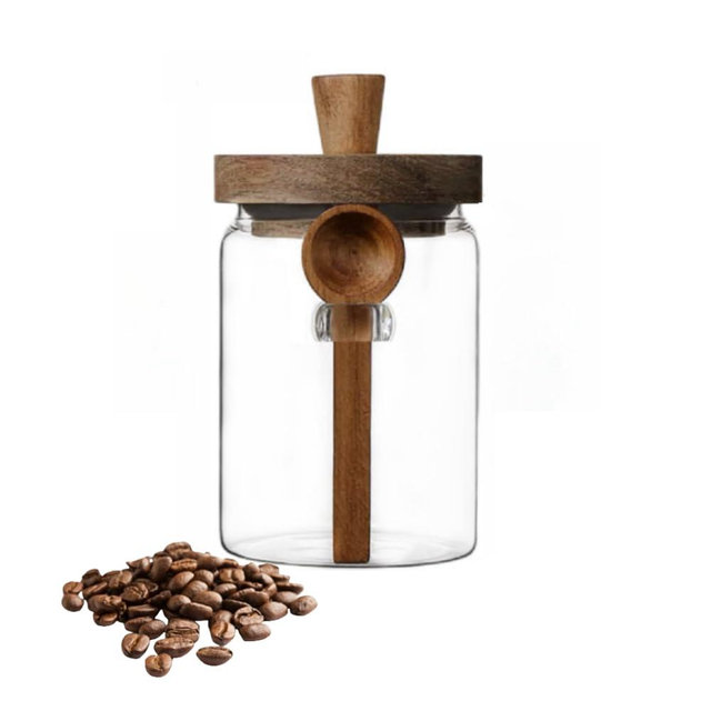 Glass Jar with Wooden Lid & Spoon, 27oz Food Storage Containers Coffee Jar Coffee Grounds Container, Glass Food Storage Canister (1 Pack)