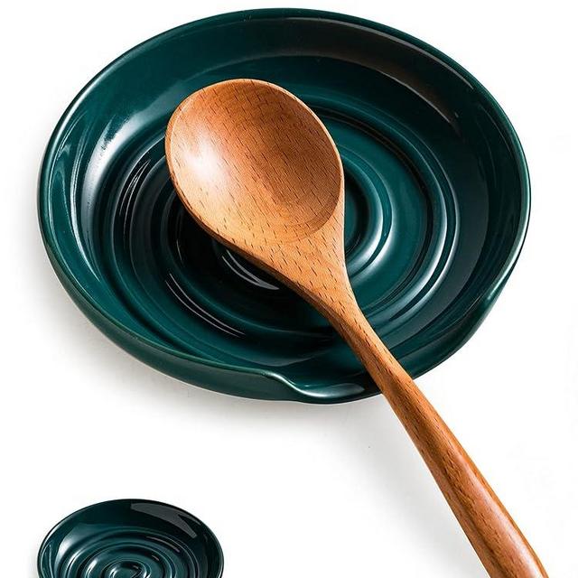 Cormomu Spoon Rest, Porcelain Spoon Holer with Drip Tray, for Multiple Utensils, Heat-Resistant, Ceramic Spoon Rest for Spoons, Ladles, Tongs, Dark Green