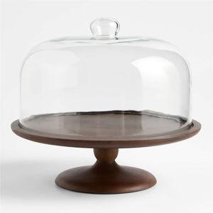 Madeira Walnut-Finished Acacia Wood Cake Stand with Glass Lid + Reviews | Crate & Barrel