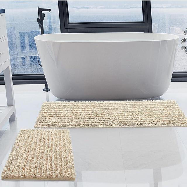 H.VERONNEX Luxury Chenille Cream Bathroom Rugs Sets 2 Piece, Thickened Hot Melt Rubber Bottom Bath Mats for Bathroom Non Slip,Bath Rugs Quick Dry Machine Washable for Shower Mat,Puppy-Loved Mat