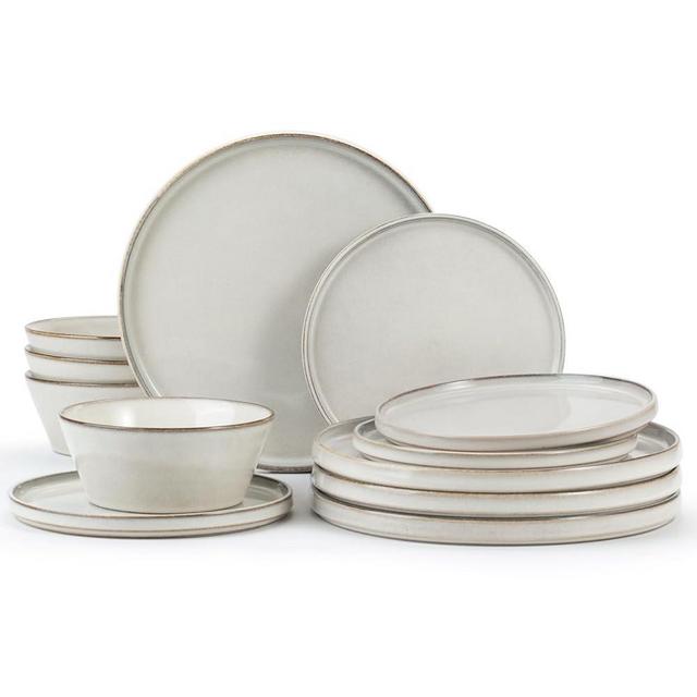 Famiware Annecy Dinner Plates and Bowls Sets, Stoneware Dinnerware Sets, Dishes Set for 4, 12 Pieces Handmade Dishware Set - Microwave & Dishwasher Safe, Double Reactive Glaze Tableware, Grey-White