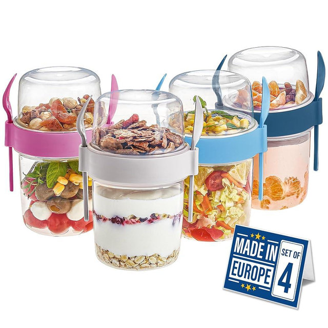 Crystalia Yogurt Parfait Cups with Lids, BPA FREE Reusable Yogurt Containers with Lids and Spoons, Take and Go Yogurt Cup with Topping Cereal or Oatmeal Container, Colorful Set of 4 (Large 22 oz)