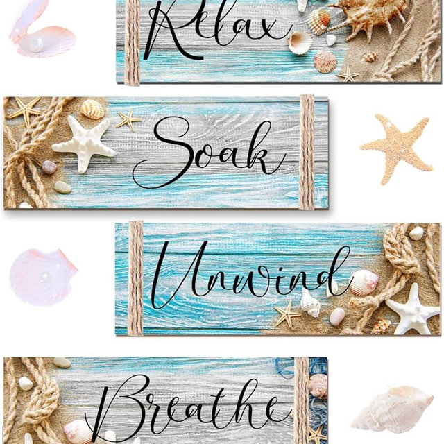 POILKMNI 4 PCS Ocean Beach Wood Relax Soak Unwind Breathe Art Sign Hanging Wooden for Decor Living Room Laundry Spa Washroom