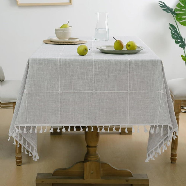 Softalker Outdoor Tablecloth Rectangle, Waterproof Linen Cotton Farmhouse Table Cloths with Tassel, Heavy Weight Wrinkle Free Fabric Table Cover for Dining/Party/Rustic - 55 x 84 Inch, Grey Plaids