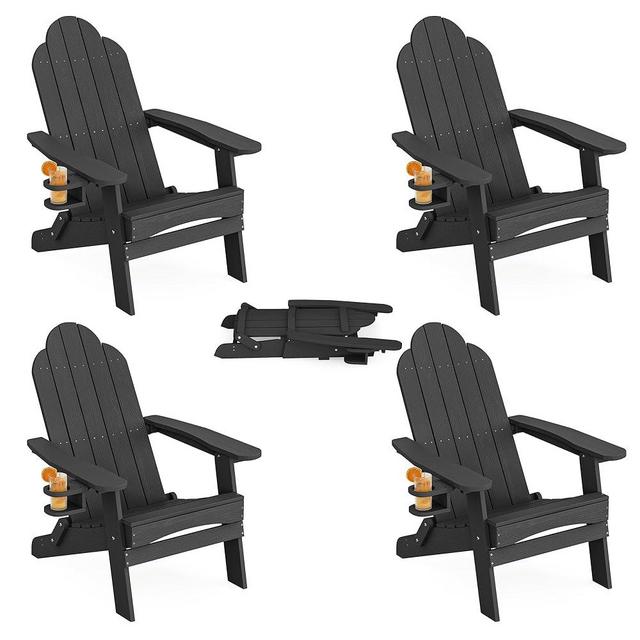 LUE BONA Folding Adirondack Chair, Adirondack Chairs Set of 2, Cup Holder, Woodgrain, Fire Pit, Patio, Pool, Black