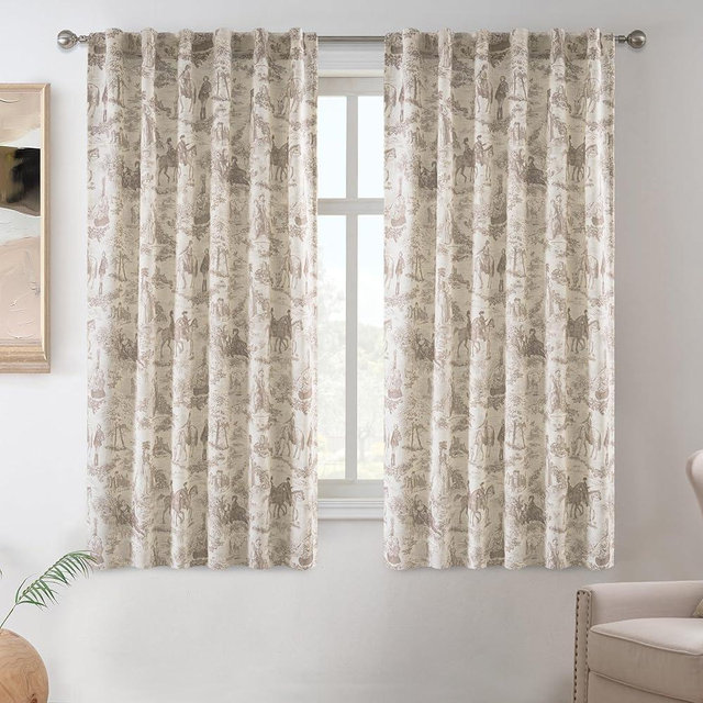 DriftAway 100% Blackout Toile Linen Curtains for Bedroom Double Layer Farmhouse French Country Vintage Printed Pattern Thermal Sound Lined Back Tab Living Room Drapes 72 inch Length 2 Panels Beige
