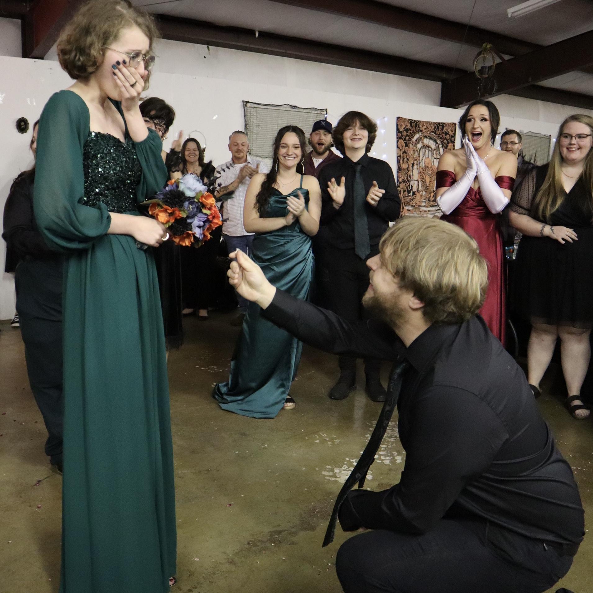 Brandon proposed on Halloween 2024 at Anthony and Stephani’s wedding!
