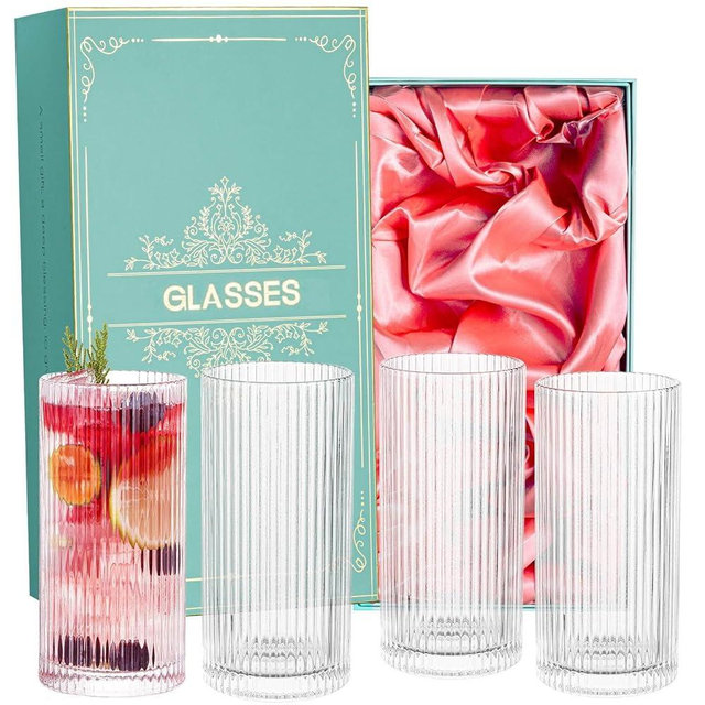 VasoArte Vintage Drinking Glasses, Art Deco Collins Ribbed Cocktail Glasses, Set of 4 Origami Style Glass Cups, Highball Glasses, Elegant Ripple Glassware,Ribbed Glasse for Cocktail, Whiskey, Juice