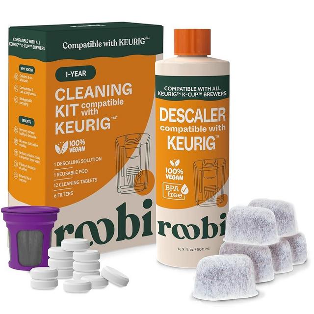 Keurig Compatible Descaling Solution & Cleaning Kit. Includes 1 Bottle of Keurig Descaler, 12 Cleaning Tablets, 1 Reusable Pod and 6 Water Filters. Carbon Neutral. 1 Year Supply.