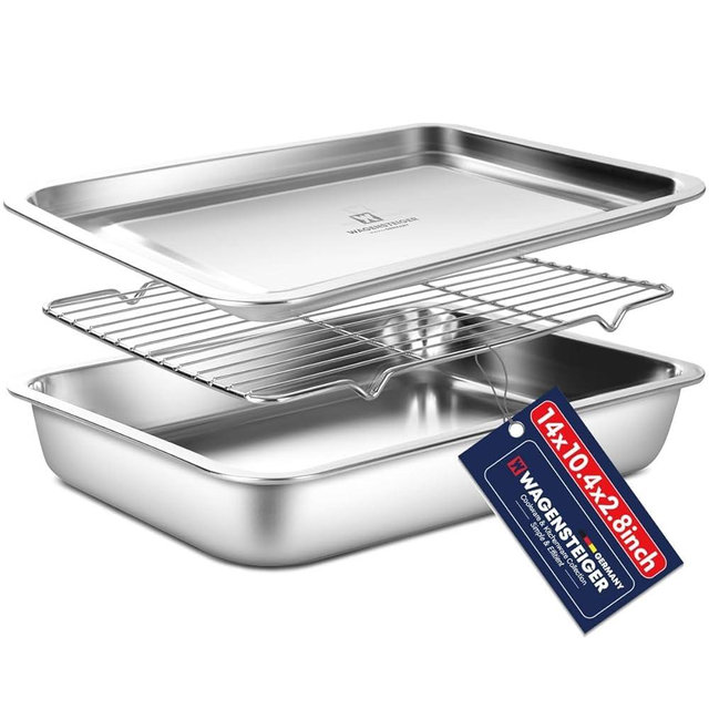 Stainless Steel Food Prep Container with Rack & Lid (Tray), 4.54Quarts, Catering Pans, Restaurant Pans, Buffet Party pan, Roasting Pan with Rack, Bakeware Roaster, Casserole (1307 / No7)