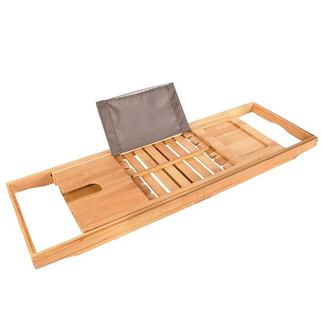 Premium Bath Caddy - Extendable Bamboo Wood Bathtub Tray with Adjustable Reading Rack for Book, iPad or Kindle - Tablet Slot or Cellphone - Wine Glass Holder
