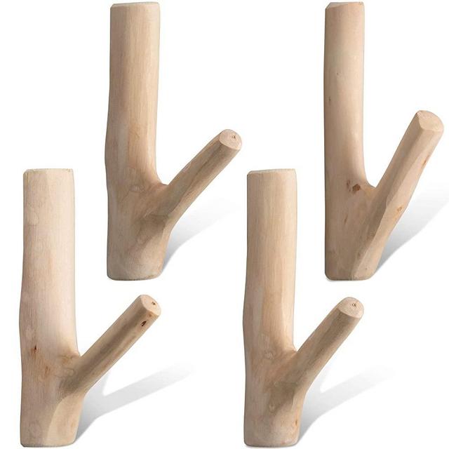 Vintage Real Natural Wood Tree Branch Wall Hook, Wall Mounted Handmade Hook Set, Rustic Decorative Wood Adhesive Strong Suction Hooks for Coat Key Holder (Width 2 - 3 cm) (4)