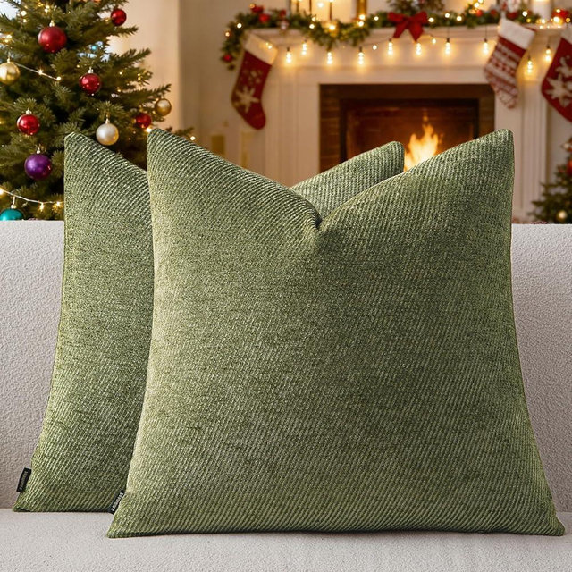 a moment Pack of 2 Decorative Chenille Throw Pillow Covers with Twill Cushion Covers for Sofa Living Room Couch Bed 18x18 Inch Moss Green