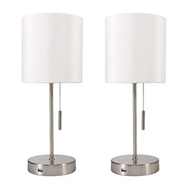 DEEPLITE USB Table Lamp Bedside Nightstand Lamp with USB Port, Modern Desk Lamp Ambient Light for Bedroom, Living Room, Office, Silver Metal Base, Cylinder Lampshade (Set of 2)