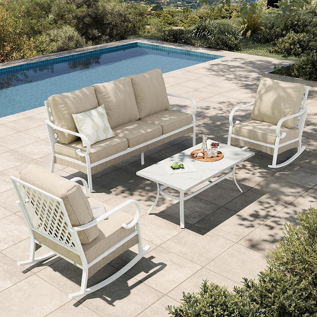 HERA'S HOUSE 4-Piece Patio Furniture Set with Metal & Rattan Design, Includes 2 Rocking Chairs, 3-Seat Sofa & Marble Coffee Table, All-Weather Outdoor Conversation Set for Garden Backyard, Beige