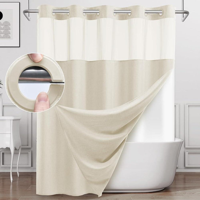 WONICY No Hook Shower Curtain with Snap in Liner, Linen Textured Heavy Duty Fabric Shower Curtain Set, Hotel Luxury Boho Farmhouse Shower Curtains for Bathroom, 71Wx74H, Cream
