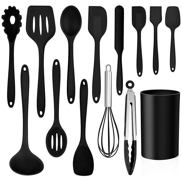 LIANYU 14 Pcs Cooking Utensils Set with Holder, Heat Resistant Silicone Kitchen Cookware Utensils Set, Kitchen Cooking Tools Includes Spatula Spoon Turner Whisk Tong, Dishwasher safe, Black