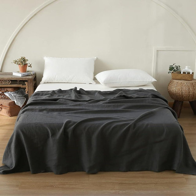 Simple&Opulence French Linen Flat Sheet with Embroidered Border-100% Stone Washed Flax Bedding,King Size(108''x102'') Ultra Soft,Breathable Flat Top Sheet-1 Piece Bed Flat Sheet Only(Dark Grey)
