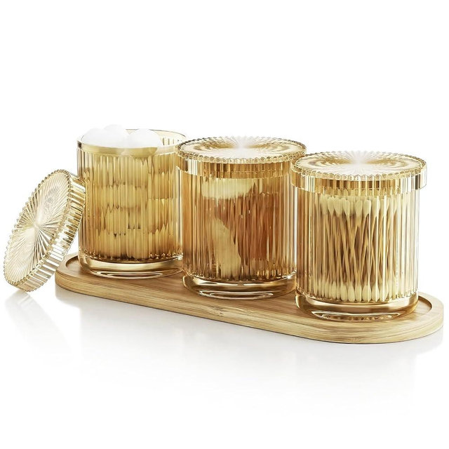 BSSN Glass Cotton Swab Holder Set of 3 with Bamboo Tray, Qtip Holder Dispenser for Bathroom Vanity, Amber Apothecary Jars with Lids for Cotton Balls, Swabs and Makeup Pads