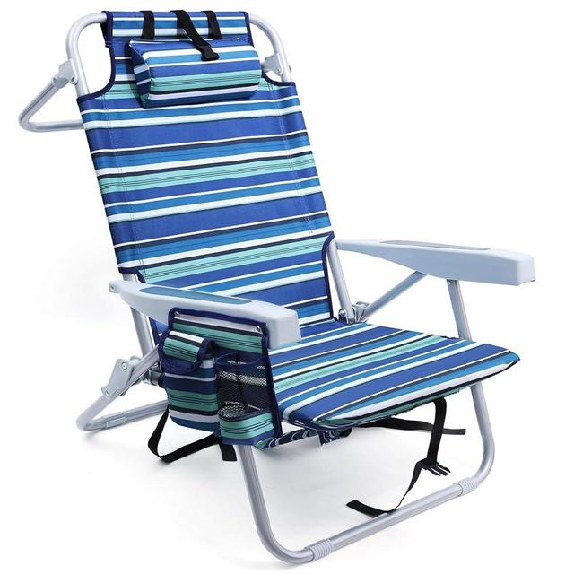 Beach Chairs for Adults Heavy Duty, Compact Portable Lay Flat Folding Beach Chair with Backpack Straps and Large Cooler Pouch, Support to 350LBS (Stripes_Blue&Cyan)