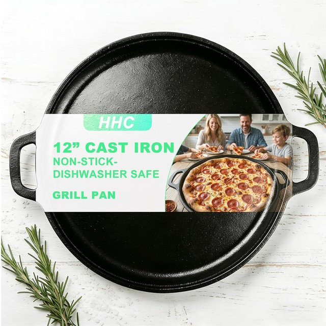 12" Nonstick Cast Iron Griddle Pan -Comals Para Tortillas, Dishwasher Safe&Pre-Seasoned Round Skillet with Handles for Stove Top, Oven, Grill & Camping –Versatile Flat Top for Pancakes&Meats