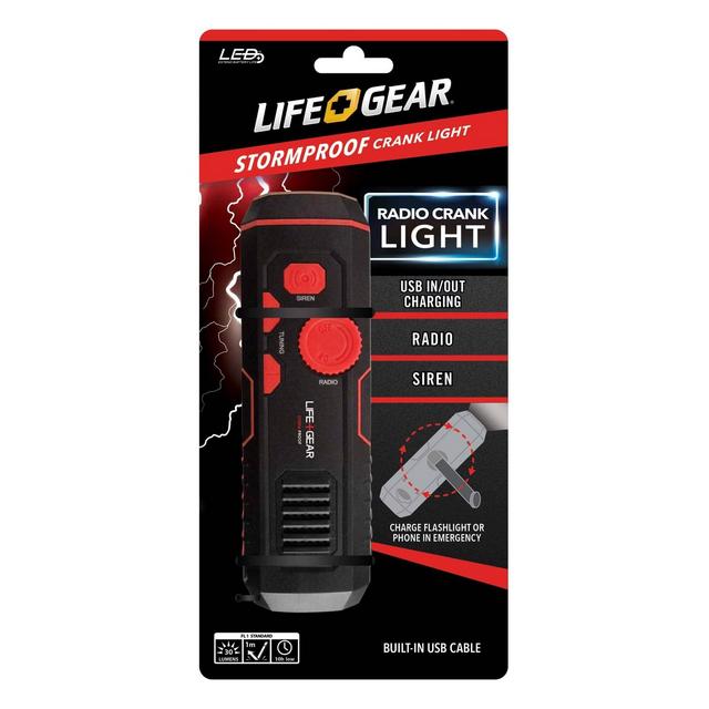 Life+Gear Stormproof Crank LED Flashlight With FM Radio/USB Port - Black/Red