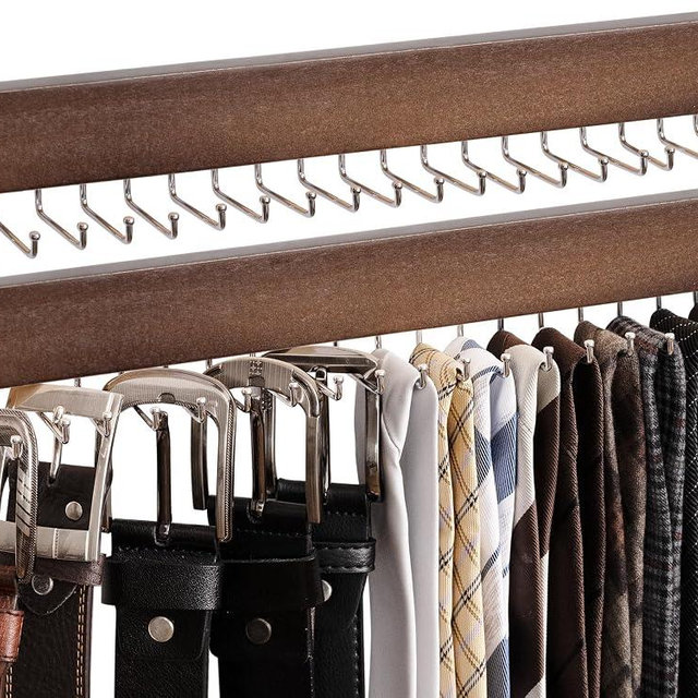 StorageWorks Tie Rack with 20 Hooks, 2-Pack Wall-Mounted Wooden Hangers for Neckties, Belts, Hats, Natural Walnut Color