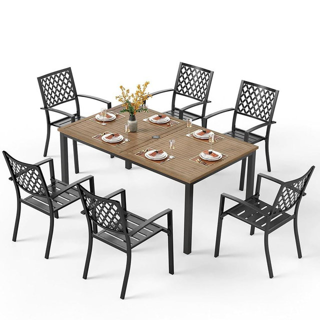 PHI VILLA Patio Dining Set Metal Table and Chairs Furniture 7 Piece, Large with Umbrella Hole 6 Backyard Garden Support 300LBS for Deck, Lawn, Garden, Black, 64'' x 38'' x 29''
