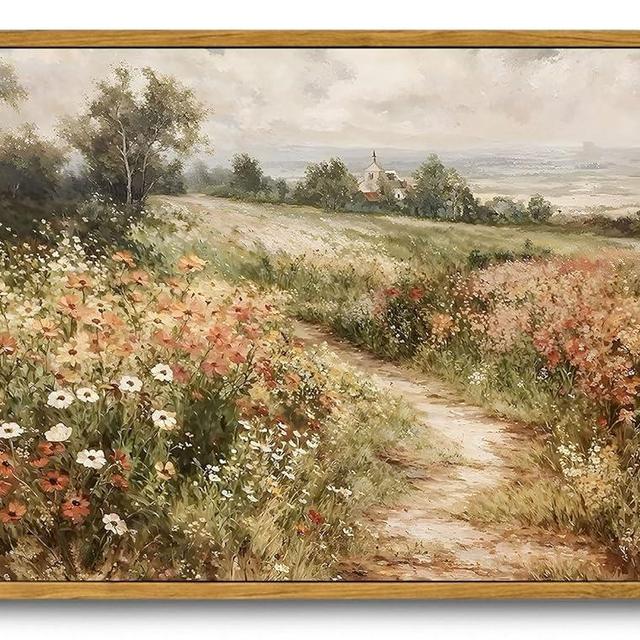 OIQArtOIQ Framed Canvas Wall Art,Vintage Decor,Landscape Nature Country Wildflower Paintings Farmhouse Pictures Modern Artwork Rustic Fall Flower Prints Cottagecore Office Living Room Bedroom Bathroom