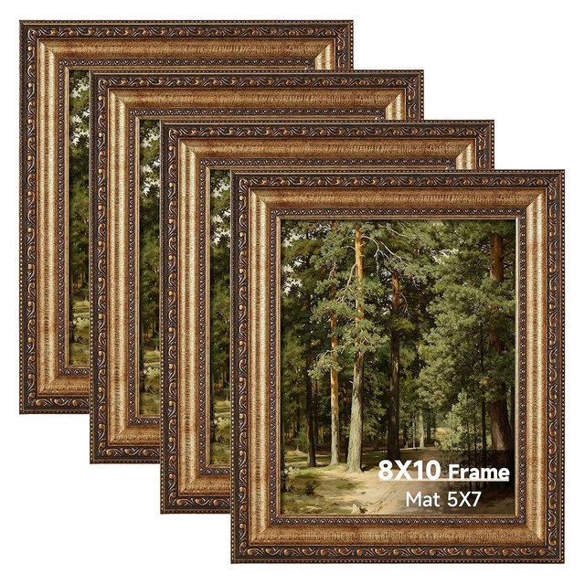 8x10 Vintage Gold Picture Frame Set of 4, Antique Bronze Picture Frames for Wall Hanging or Tabletop, 8 x 10 Ornate Photo Frame with Real Glass, Display 5x7 Print with Mat or 8x10 without Mat, 4 Pack