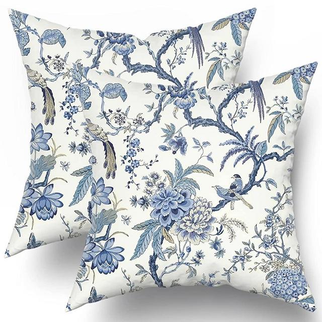 Chinoiserie Pillow Covers Set of 2 Blue and White Outdoor Pillows Bule Birds Flowers Throw Pillow Covers 18x18 Inch Cotton Square Cushion Cover Decor for Bedroom Couch Bed Living Room Sofa Chair