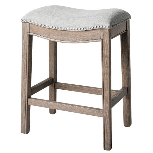 Maven Lane Adrien 26 Inch Counter Height Upholstered Backless Saddle Barstool in Reclaimed Oak Finish with Ash Grey Fabric Cushion Seat