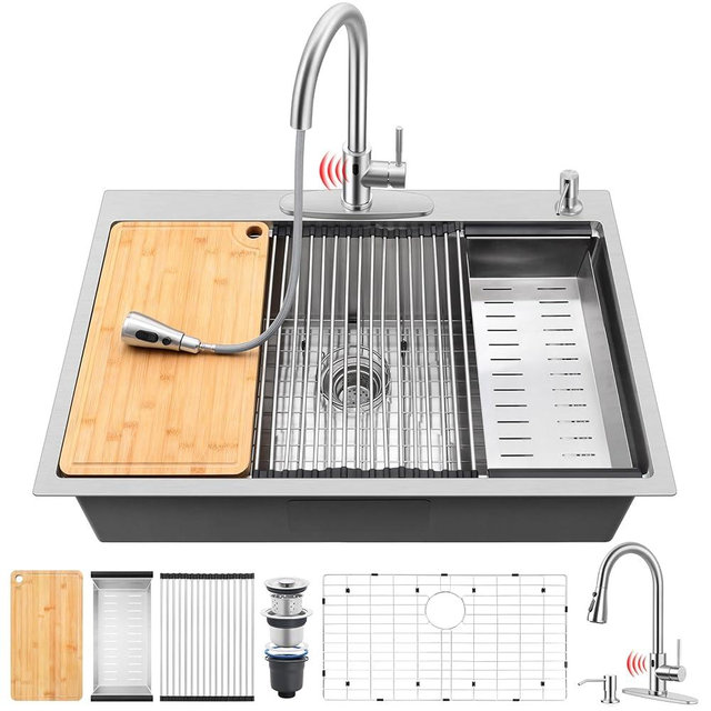 Onader 33 x 22 Inch Drop In Kitchen Sink with Accessories, Brushed Nickel Stainless Steel Single Bowl Farmhouse Workstation Sinks