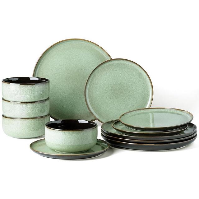 LeRatio Ceramic Dinnerware Sets of 4,Stoneware Plates and Bowls Sets,Handmade Reactive Glaze Dishes Set,Scratch Resistant | Oven&Dishwasher & Microwave Safe,Service for 4-Light Green