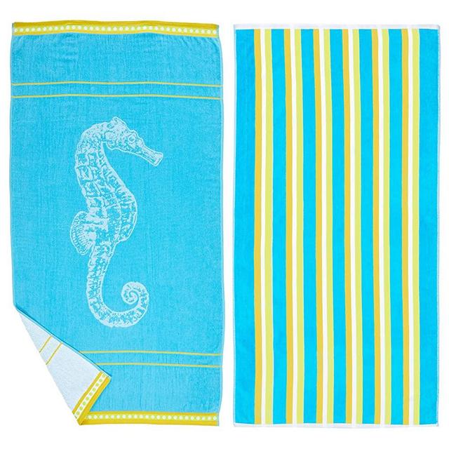 Large Beach Towel Set of 2 - Seahorse and Striped Beach Towels for Adults and Velour Pool Towels with 100% Cotton - Lightweight Quick Dry Beach Towel Pack and Cute Beach Towel for Women and Men