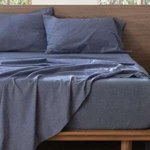 MooMee Bedding Sheet Set 100% Cotton Linen Like Textured Breathable Durable Soft Comfy (Heathered Blue, Queen)