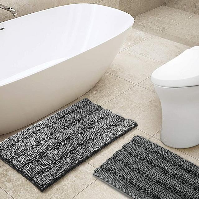 Pretigo Bathroom Rug,Super Thick Soft Non Slip Shaggy Chenille Bath Mats 2 PCS ,Kitchen Bedroom Living Room Mats,Dry Fast Water Absorbent Floor Carpets Machine Washable 20"x32"+17"x24"(Grey)