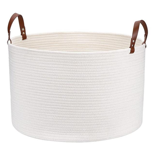 Hombins Cotton Rope Basket XXL Blanket Basket Collapsible Storage Baskets | White Laundry Basket Thread Baby Basket for Toy,Clothes, with Comforter Cushions Handles, 20"20"13"