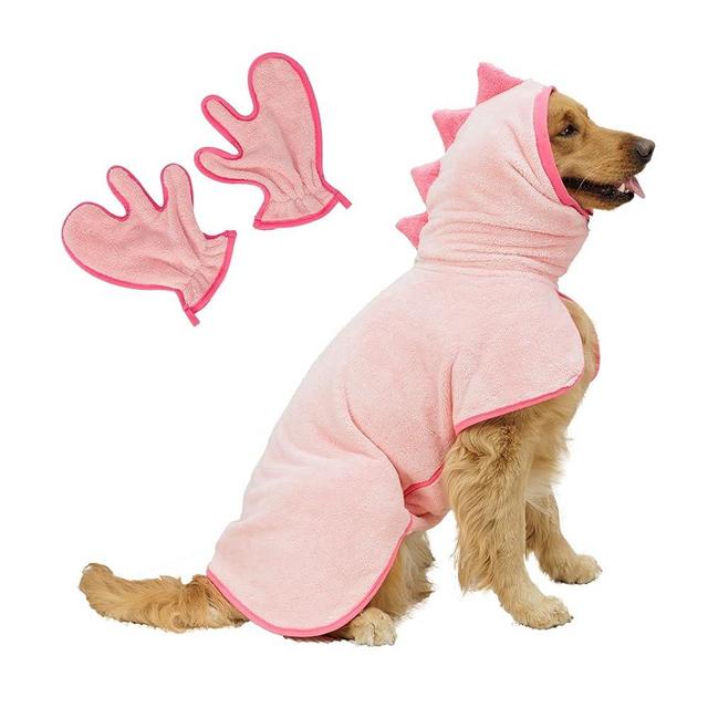 Pawyee Super Soft Fast-Drying Dog Towel Set for Cold Weather, Beach, Pool - Adjustable Microfiber Bath Robe with Drying Gloves for Cats and Dogs (Large, Pink Dino)