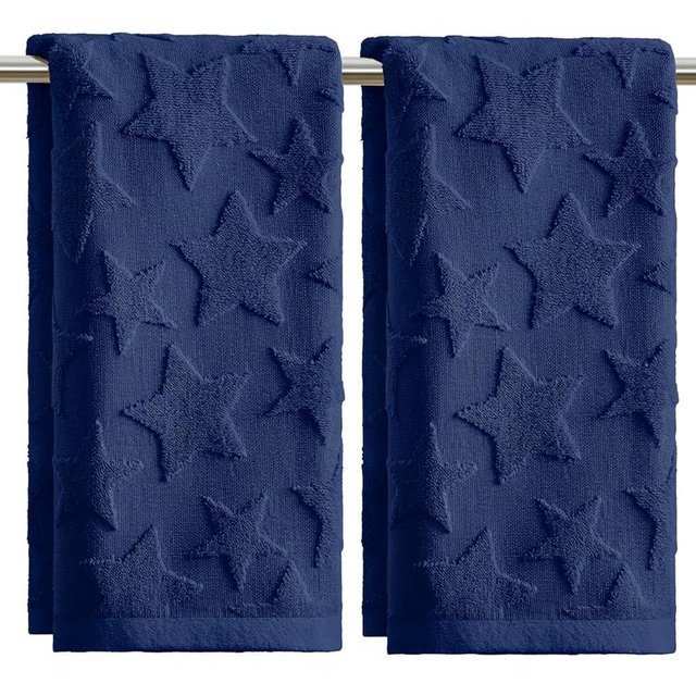 Artoid Mode 2 Pcs Blue 3D Star 4th of July Jacquard Hand Towels for Bathroom, 100% Cotton Soft Absorbent Bathroom Decor Towels, 13.7 x 29.5 Inch