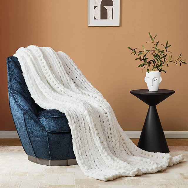 Bedfolks Chunky Knit Blanket Throw - Cream White 100% Handmade Comfy Fluffy Chenille Throw Blanket for Couch, Sofa, Bed, Home Decor, Cozy Soft Braided Blanket 50" x 60"