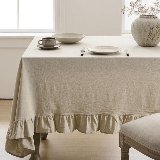 Cotton Tablecloth 60" × 84" Ruffle Trim Table Clothes Washable Rectangle Fabric Table Cloth Kitchen Dinning Tabletop Decoration for Party Wedding Events Holiday - Off-White, 6-8 Seats