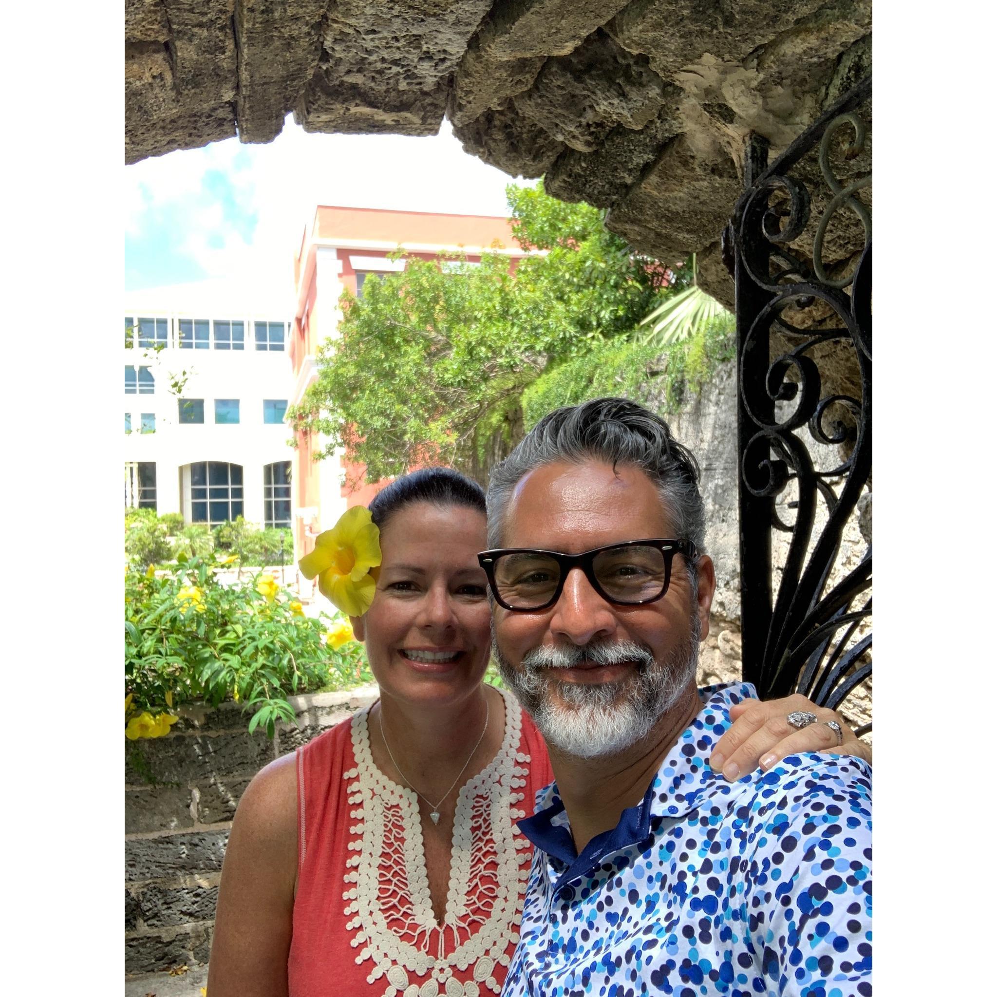 Posing under the moon gate in Bermuda, 2019