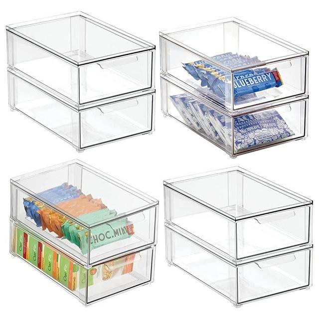 mDesign Plastic Stackable Kitchen Pantry Cabinet, Refrigerator or Freezer Food Storage Bin with Pull-Out Drawer - Organizer for Fruit, Yogurt, Snacks, Pasta - 8 Pack - Clear