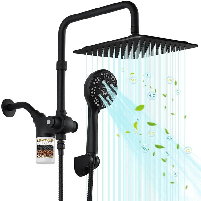 VXV 10 inch Filtered Shower Head,7 Settings High Pressure Dual Shower Heads with Handheld Spray Combo,3-Way Rain Shower Head with Filters,71''Shower Hose,Height Adjustable(Matte Black)
