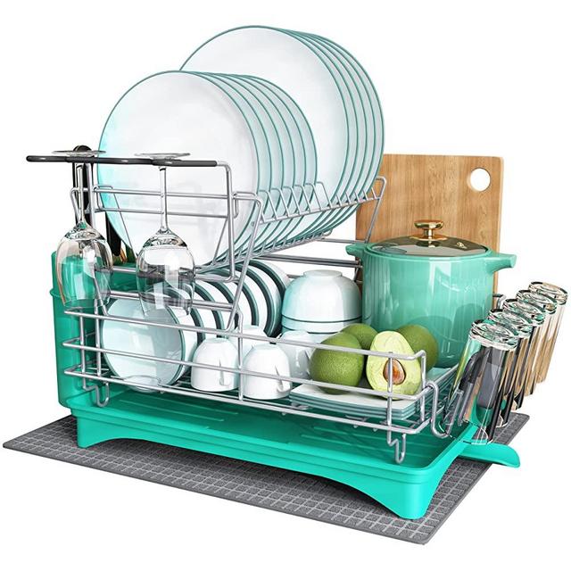 MAJALiS Dish Drying Rack and Drainboard Set, 2 Tier Stainless Steel Large Dish Strainer with Drainage, Utensil Holder and Extra Drying Mat, Dish Drainers for Kitchen Counter (Turquoise)