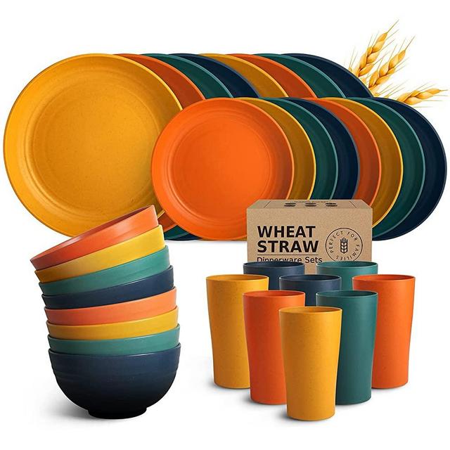 Teivio 32-Piece Kitchen Wheat Straw Dinnerware Set, Service for 8, Dinner Plates, Dessert Plate, Cereal Bowls, Cups, Unbreakable Plastic Outdoor Camping Dishes, Autumn Multicolor