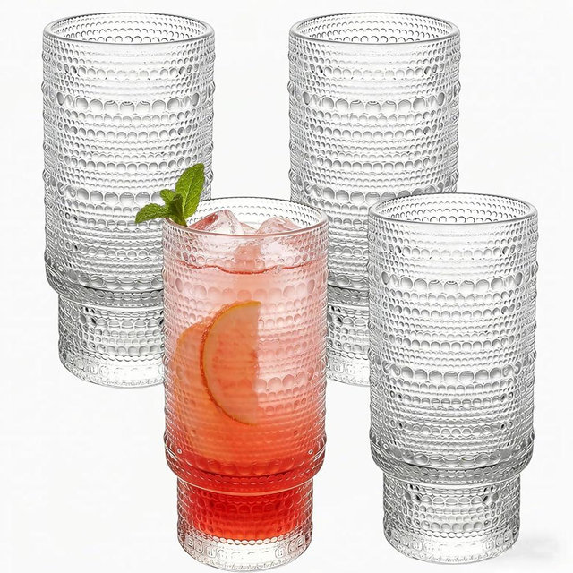 Cowjut Large Capacity 16 oz Hobnail Drinking Glasses Set of 4, Vintage Glassware Drinking Glasses, Clear Water Glasses Tumbler, Cups for Kitchen, Juice, Beer, Cocktail, Whiskey